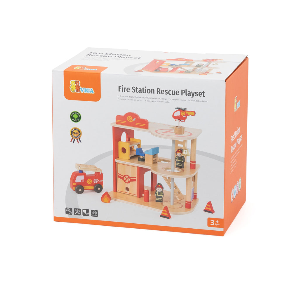 Viga 16-Piece Deluxe 2-Story Wooden Fire Station - Rescue Headquarters with Truck & Copter