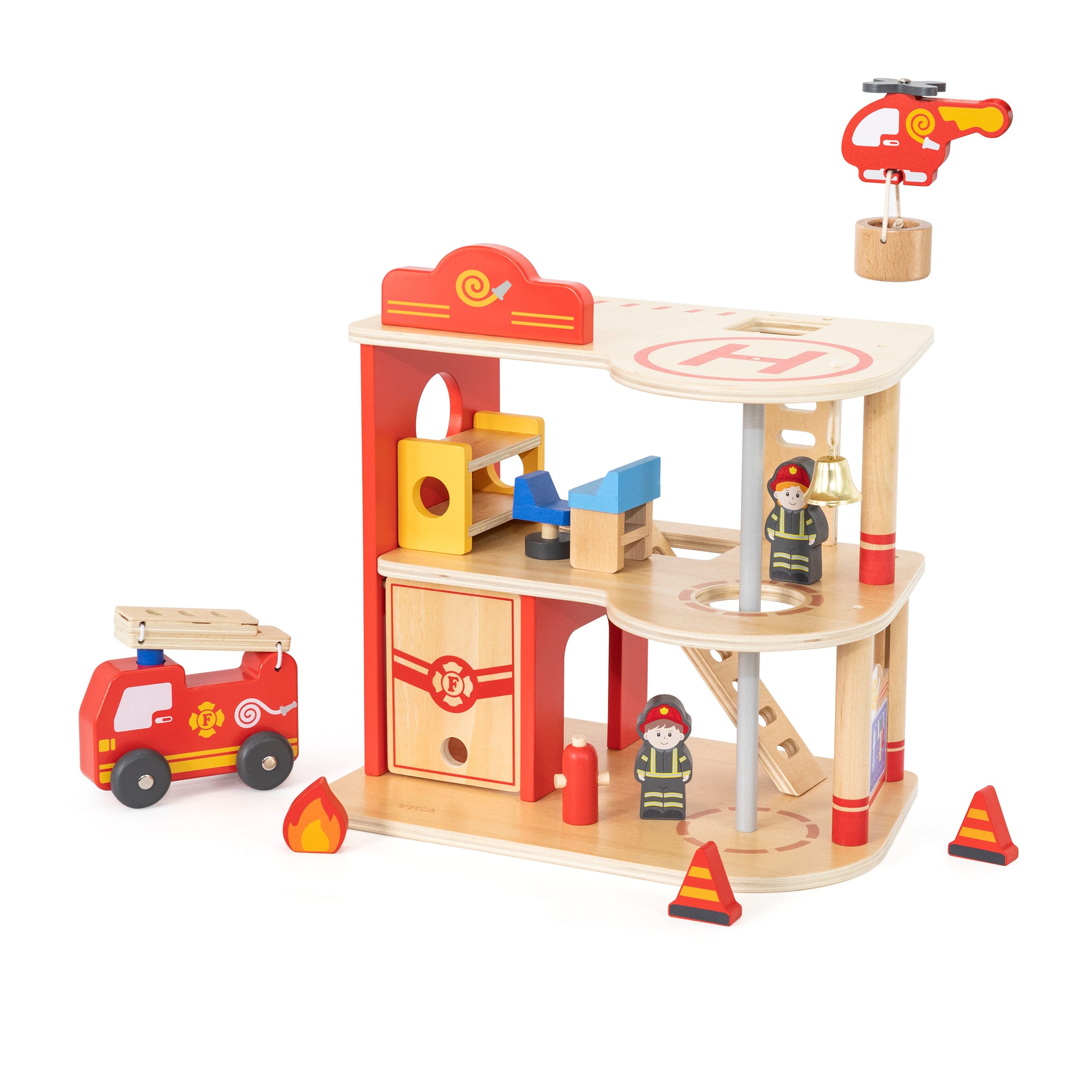 Viga 16-Piece Deluxe 2-Story Wooden Fire Station - Rescue Headquarters with Truck & Copter