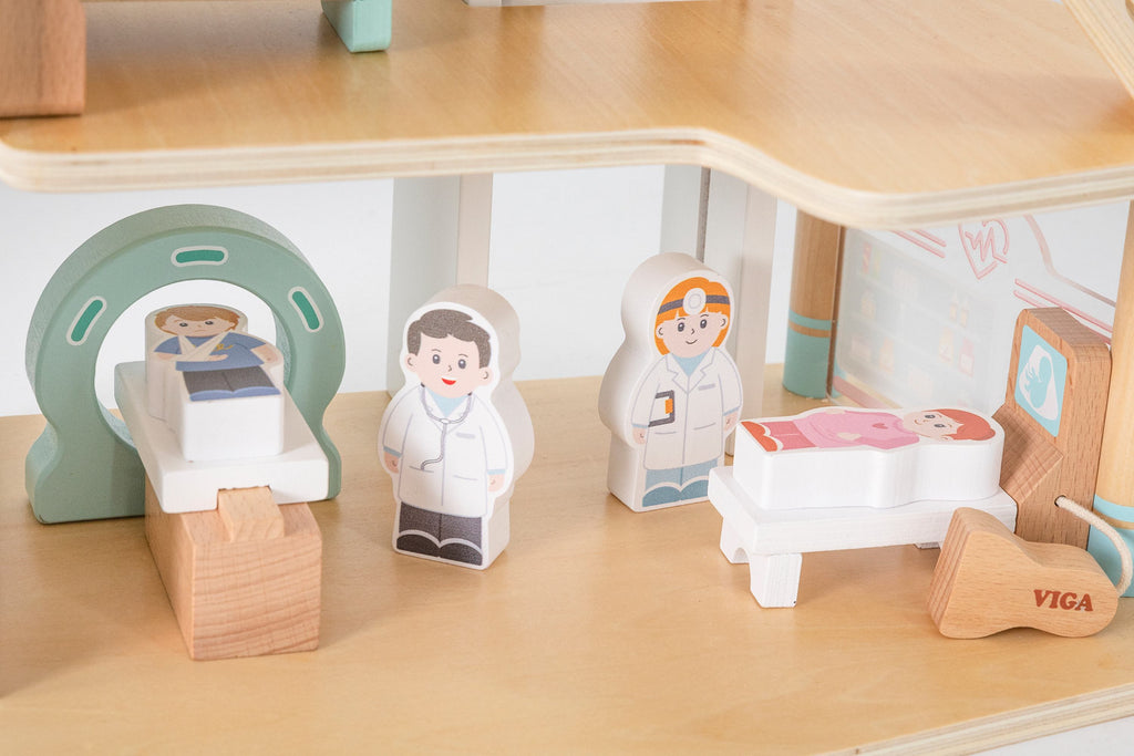 Viga 3-Story Wooden Hospital Playset - 11-Piece Emergency Rescue Center with Ambulance & Helicopter
