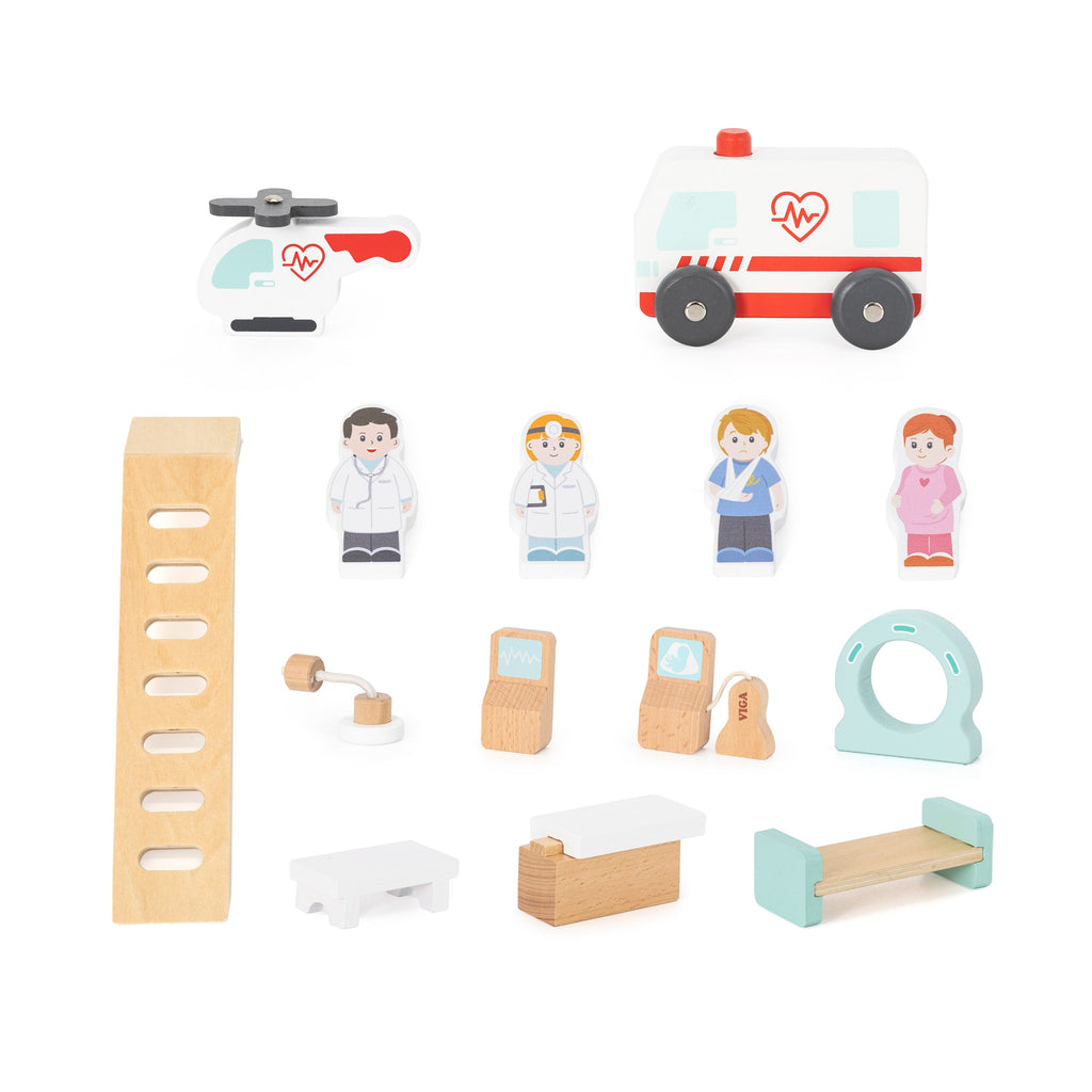 Viga 3-Story Wooden Hospital Playset - 11-Piece Emergency Rescue Center with Ambulance & Helicopter