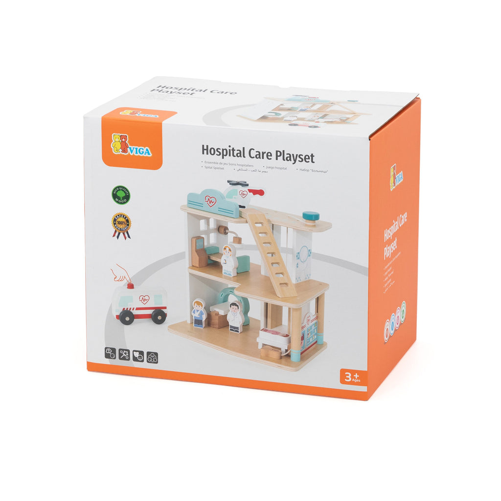 Viga 3-Story Wooden Hospital Playset - 11-Piece Emergency Rescue Center with Ambulance & Helicopter