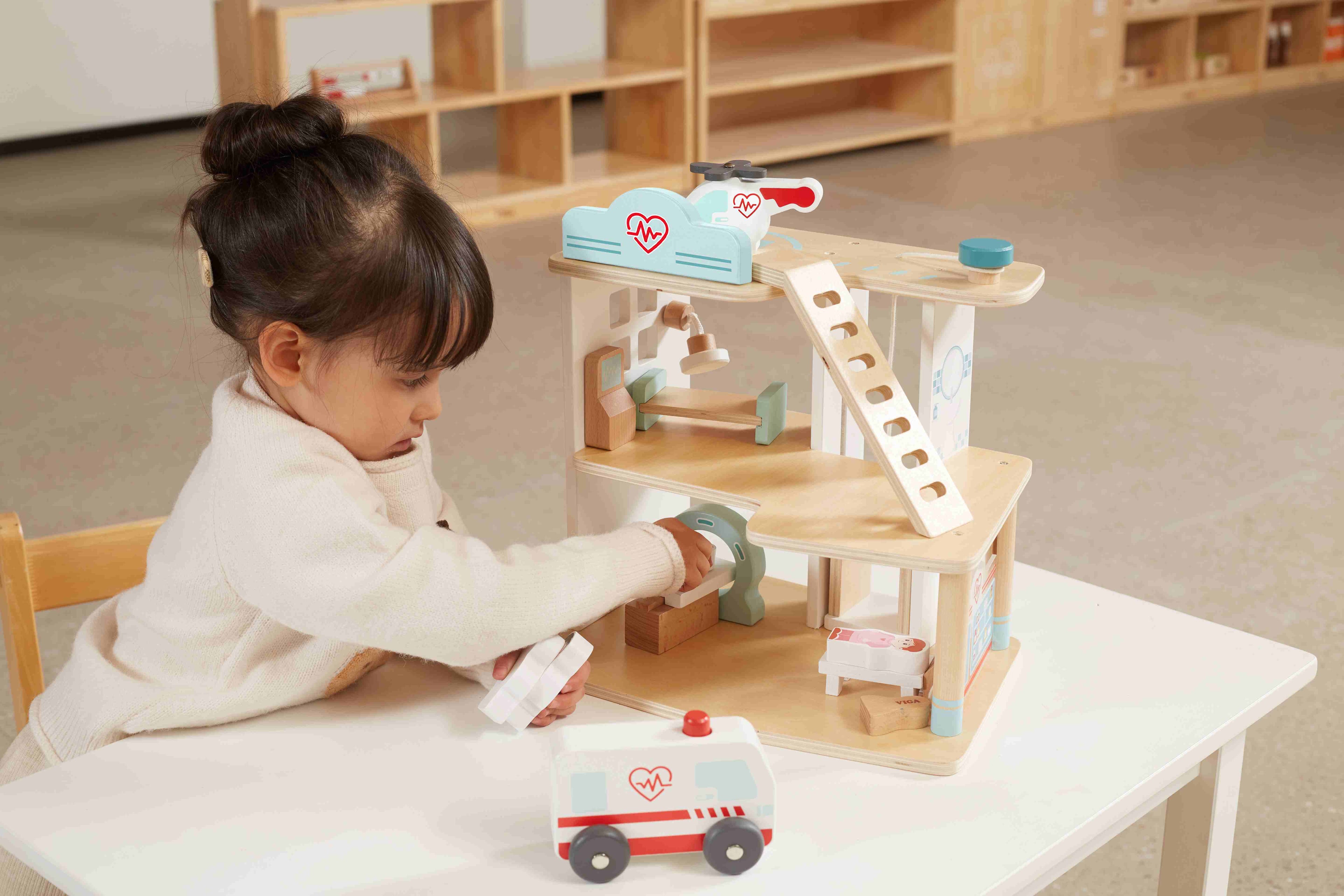 Viga 3-Story Wooden Hospital Playset - 11-Piece Emergency Rescue Center with Ambulance & Helicopter