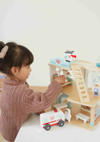 Viga 3-Story Wooden Hospital Playset - 11-Piece Emergency Rescue Center with Ambulance & Helicopter