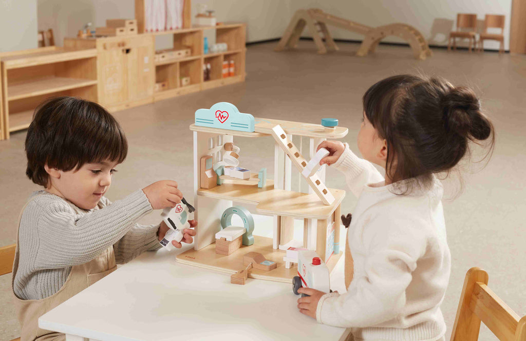 Viga 3-Story Wooden Hospital Playset - 11-Piece Emergency Rescue Center with Ambulance & Helicopter