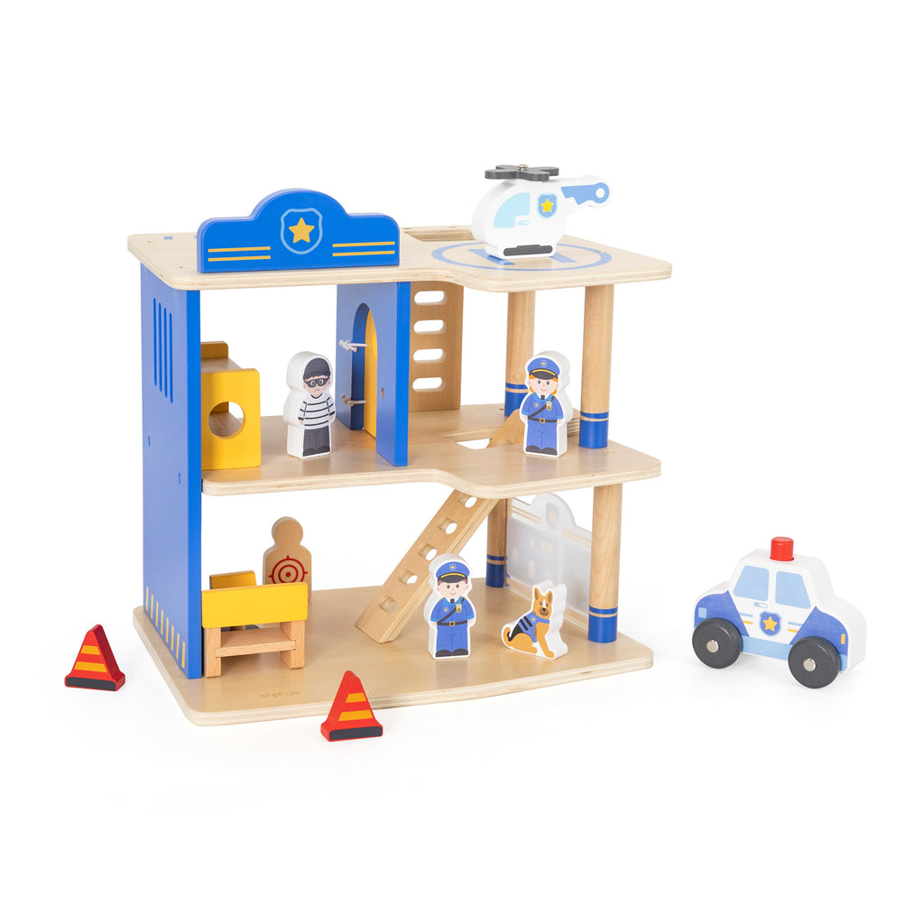 Viga 3-Story Wooden Police Station Playset - 12-Piece Patrol Headquarters with Police Car & Copter
