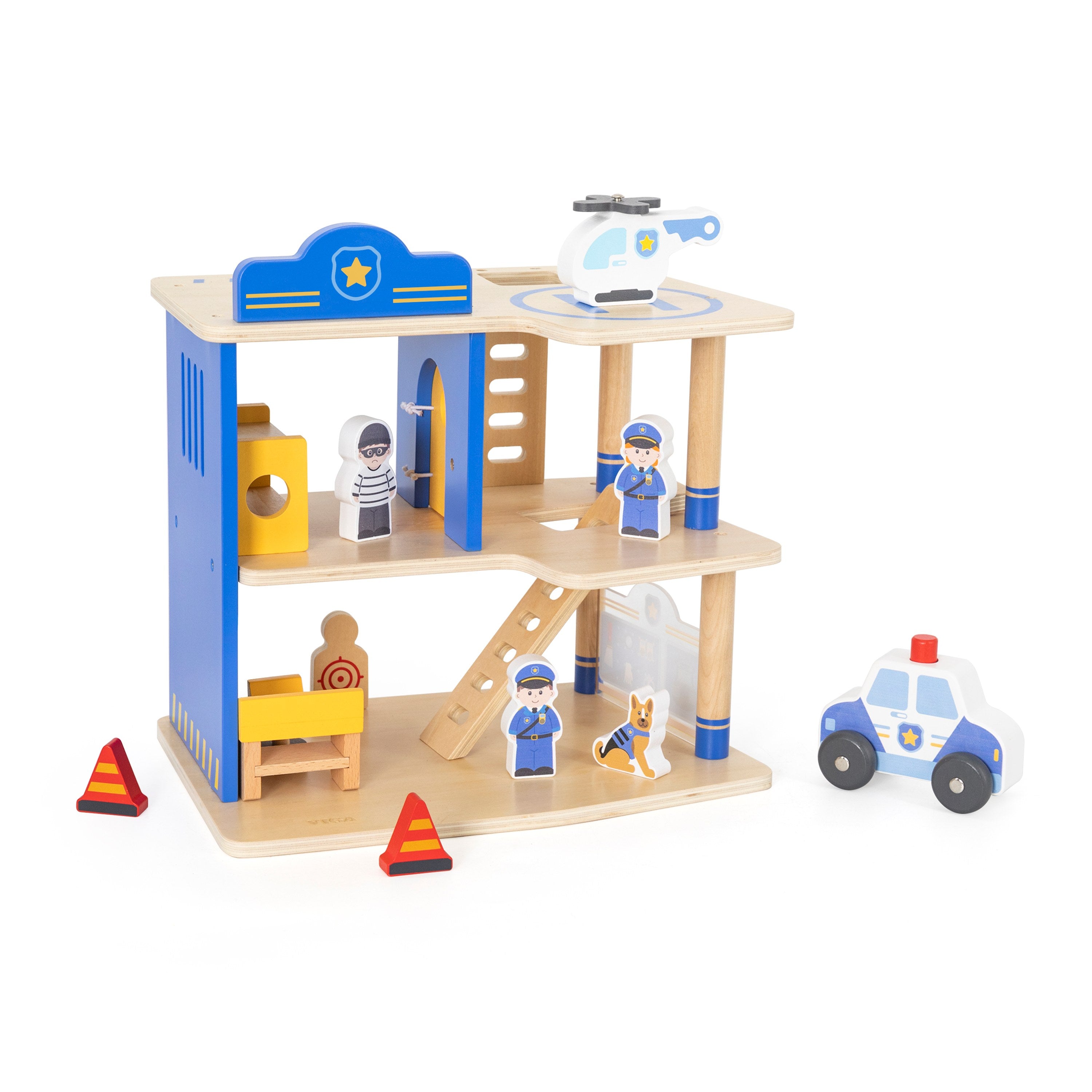Viga 3-Story Wooden Police Station Playset - 12-Piece Patrol Headquarters with Police Car & Copter