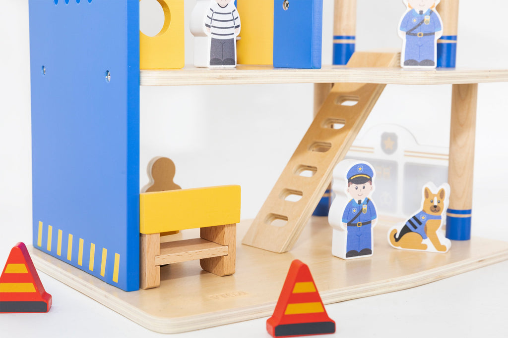 Viga 3-Story Wooden Police Station Playset - 12-Piece Patrol Headquarters with Police Car & Copter