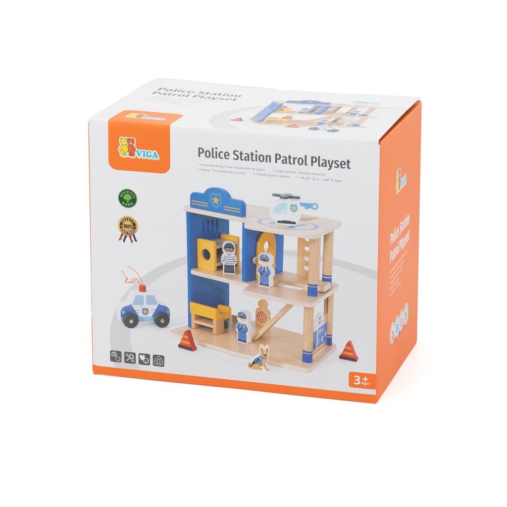 Viga 3-Story Wooden Police Station Playset - 12-Piece Patrol Headquarters with Police Car & Copter