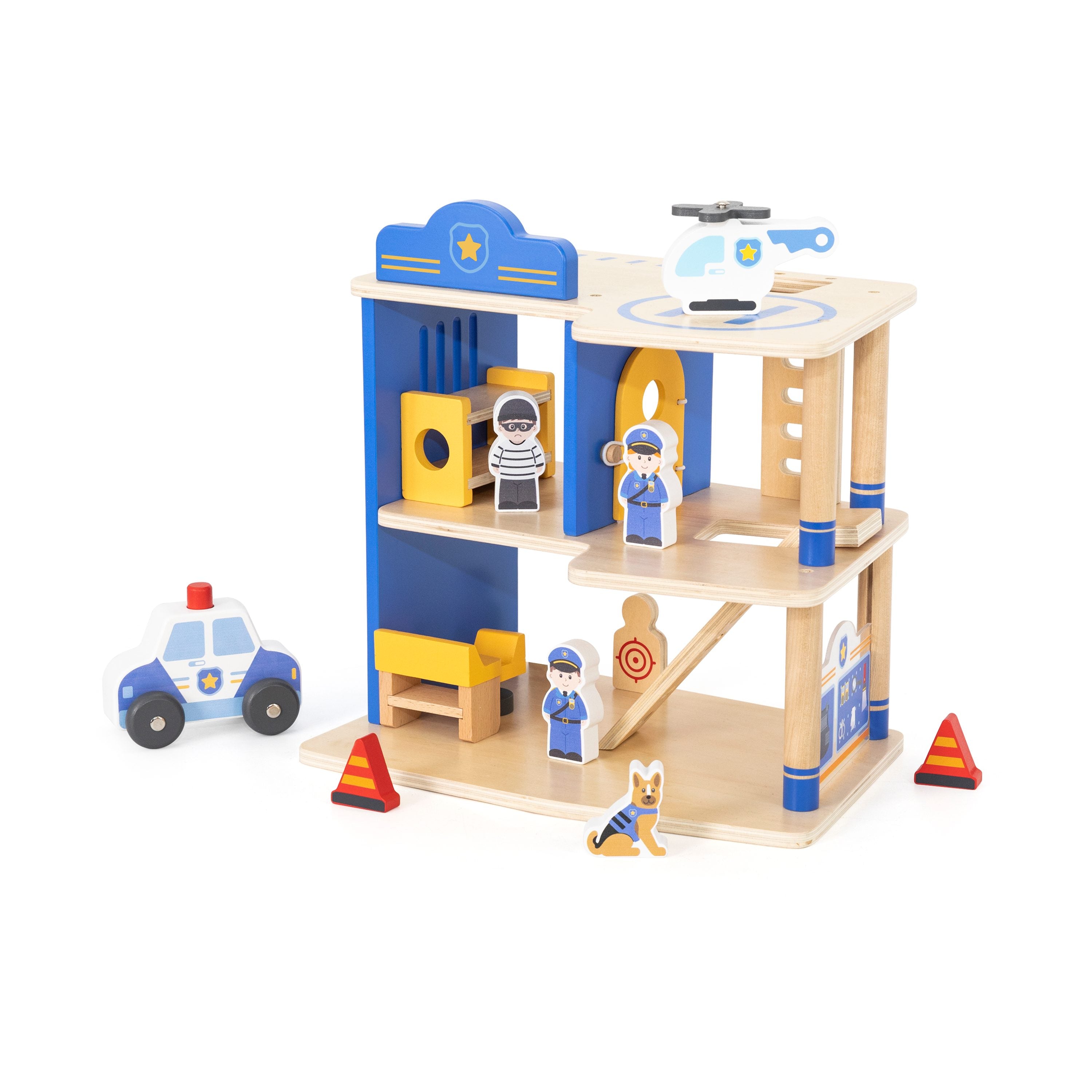Viga 3-Story Wooden Police Station Playset - 12-Piece Patrol Headquarters with Police Car & Copter