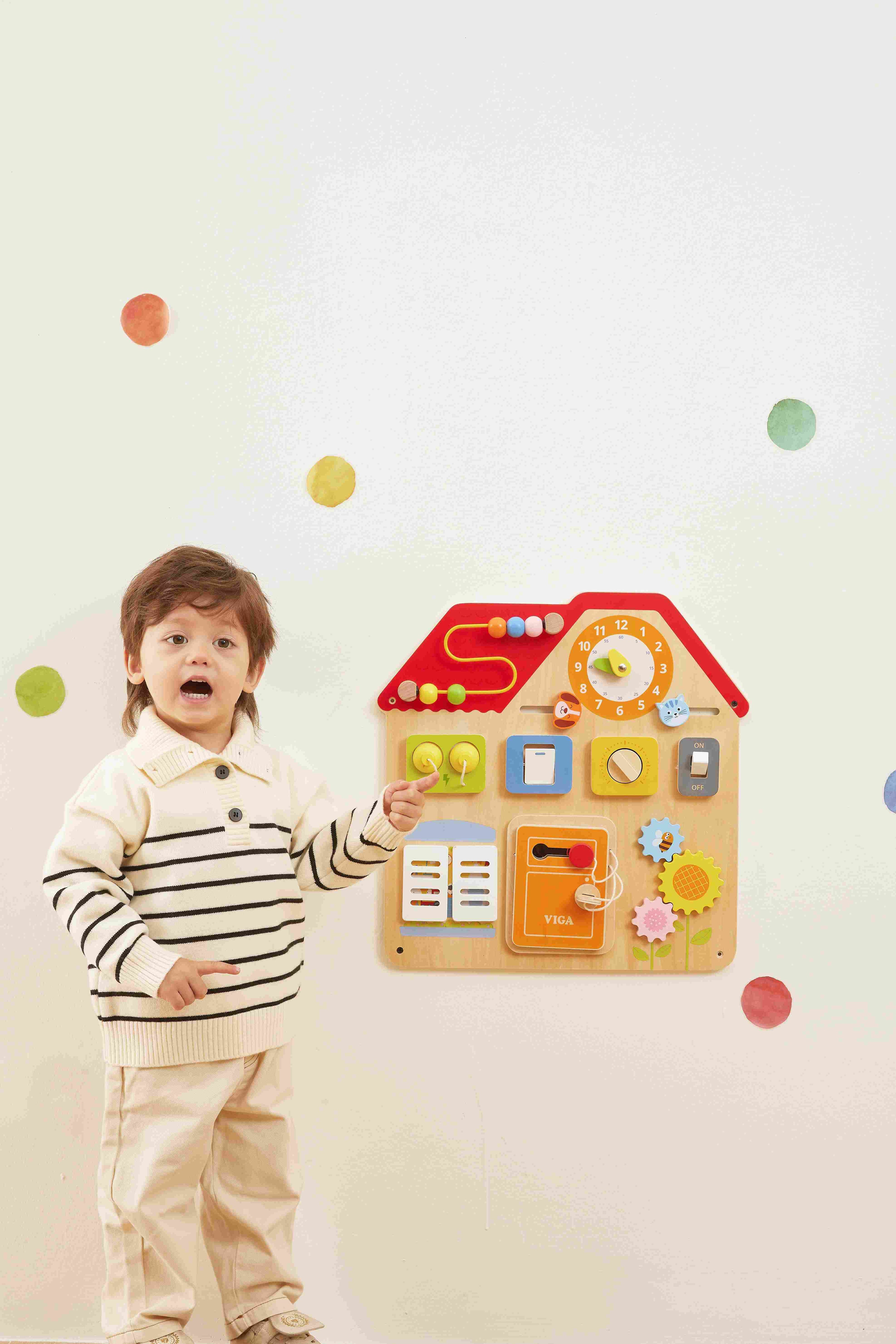Viga Wooden Small House Busy Board - Montessori Sensory Wall & Tabletop Activity Center