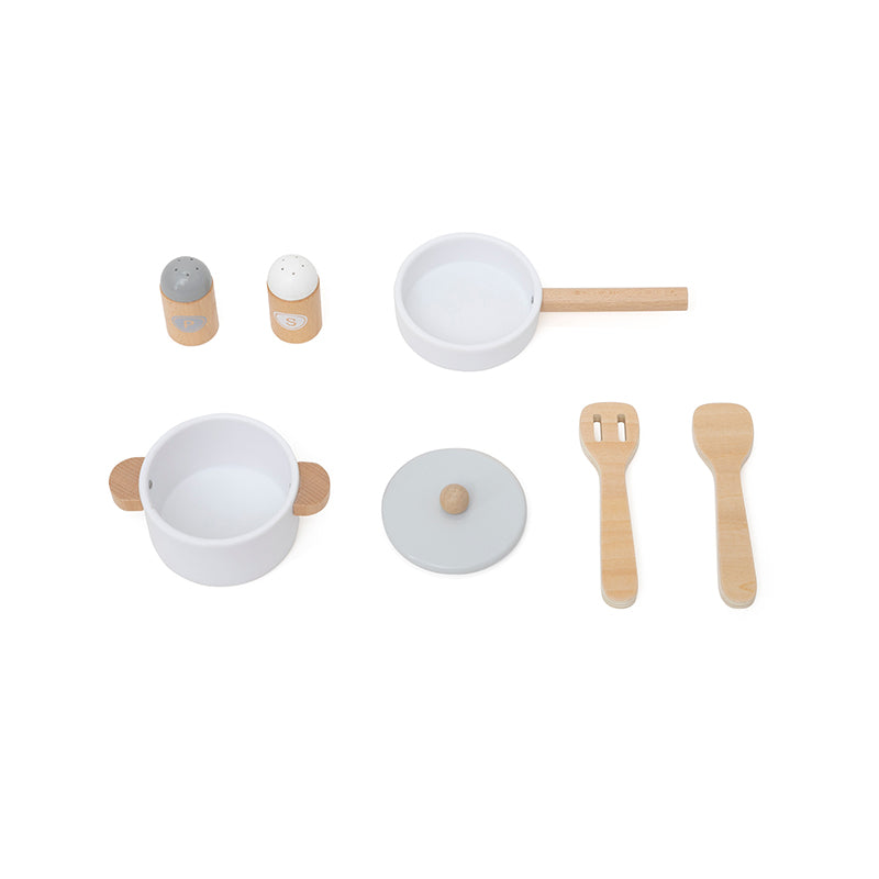 Viga Modern White Wooden Play Kitchen - Compact 8-Piece Montessori Activity Set
