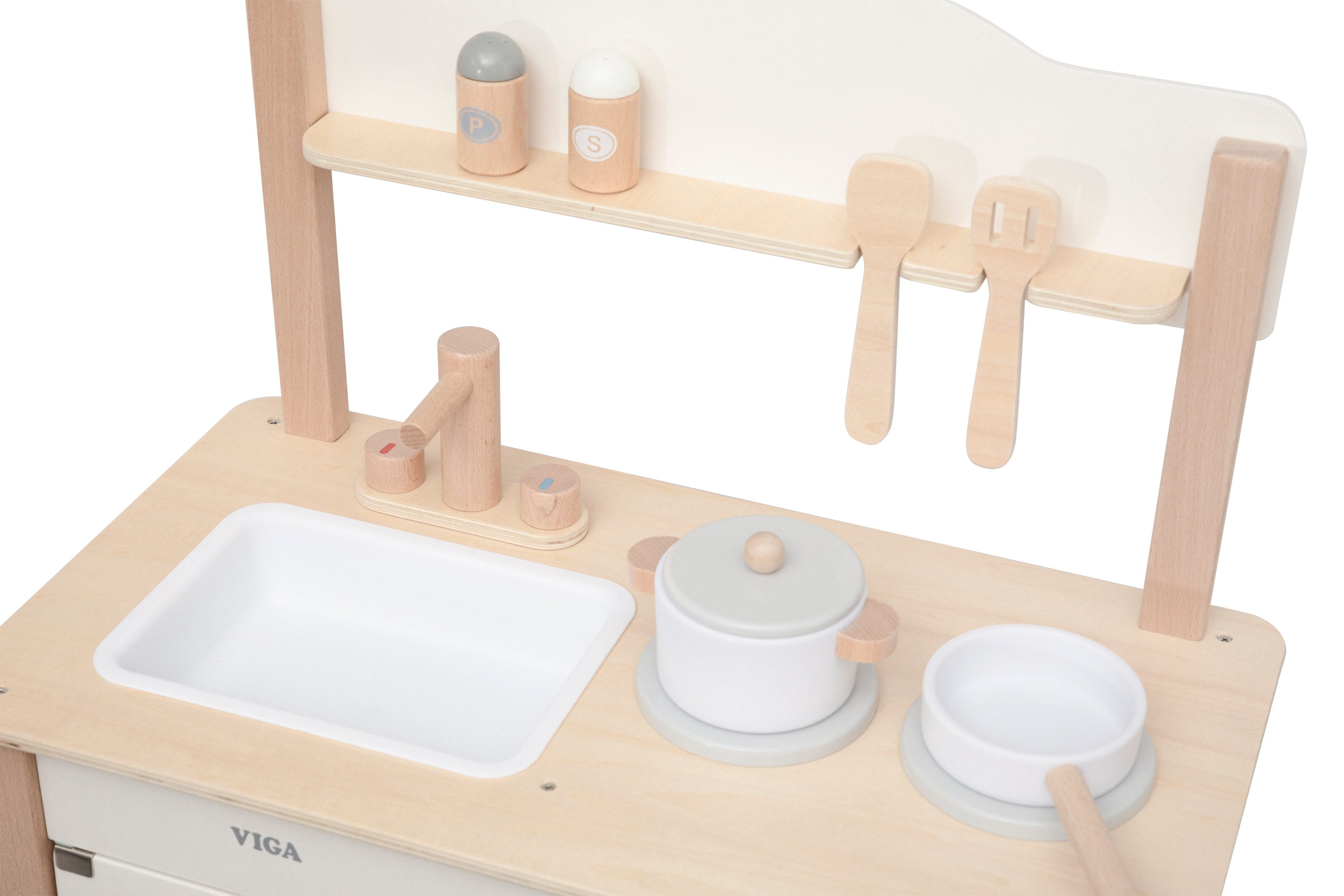 Viga Modern White Wooden Play Kitchen - Compact 8-Piece Montessori Activity Set