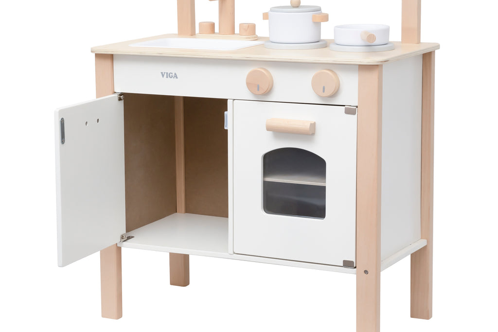Viga Modern White Wooden Play Kitchen - Compact 8-Piece Montessori Activity Set