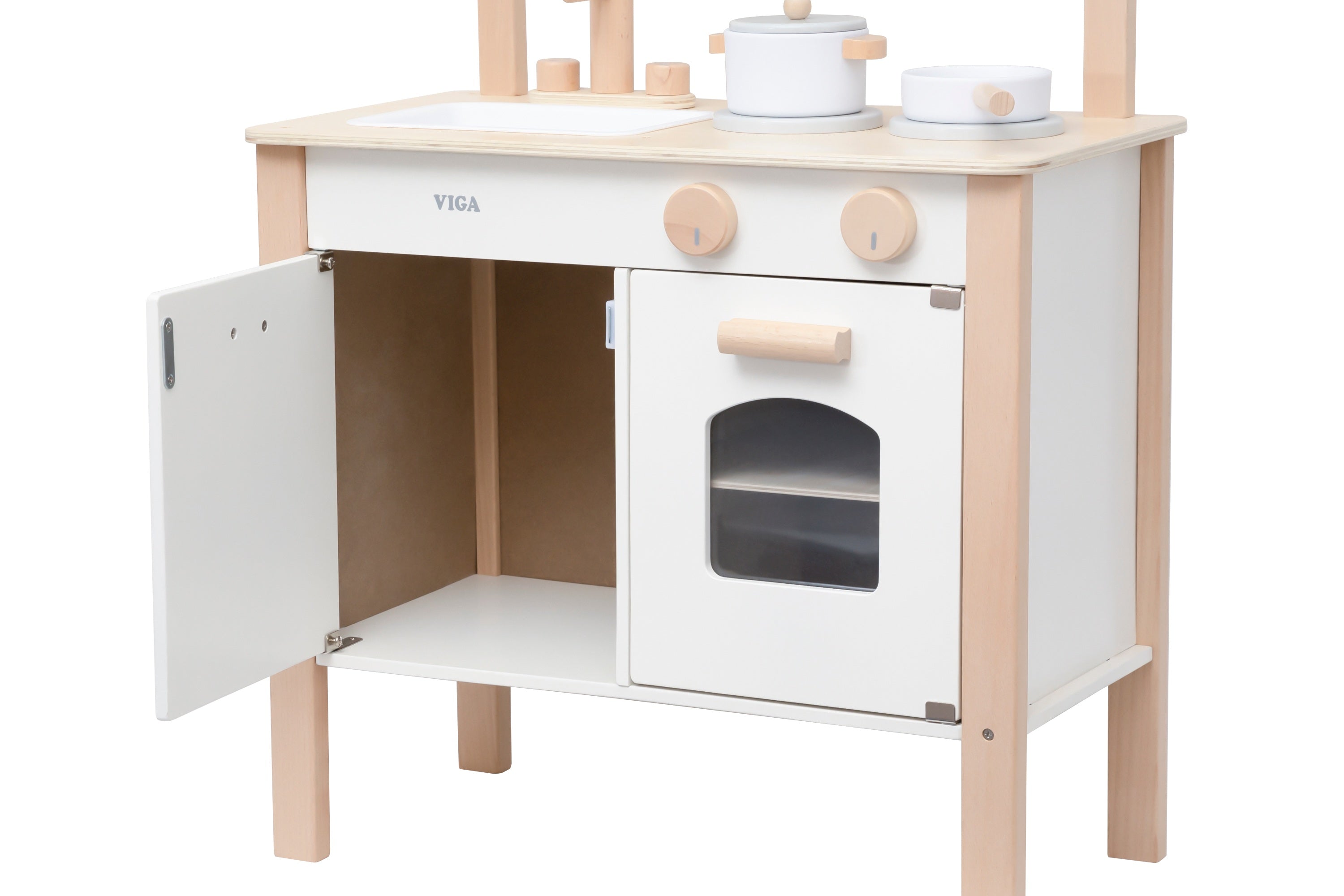 Viga Modern White Wooden Play Kitchen - Compact 8-Piece Montessori Activity Set