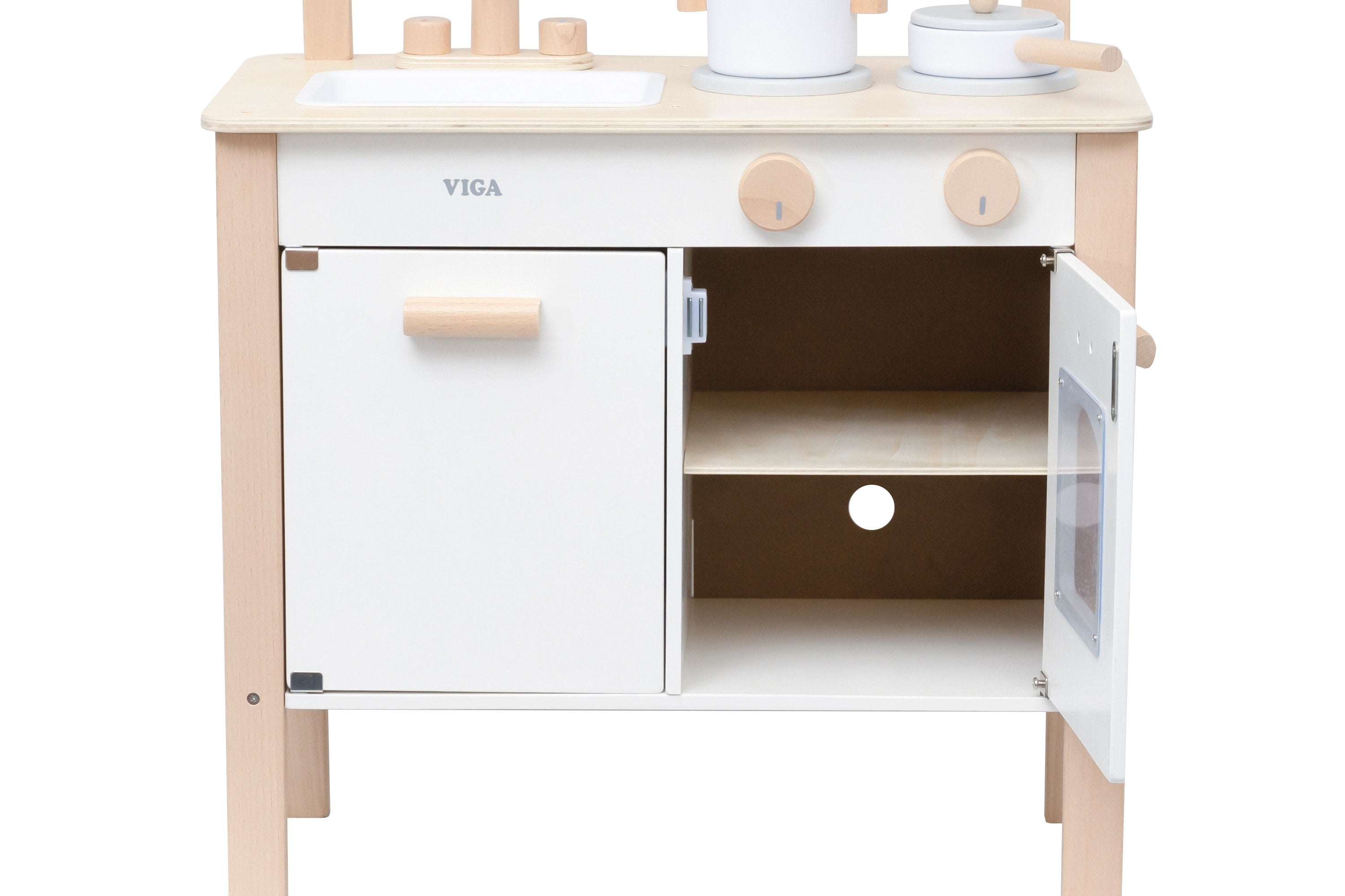 Viga Modern White Wooden Play Kitchen - Compact 8-Piece Montessori Activity Set