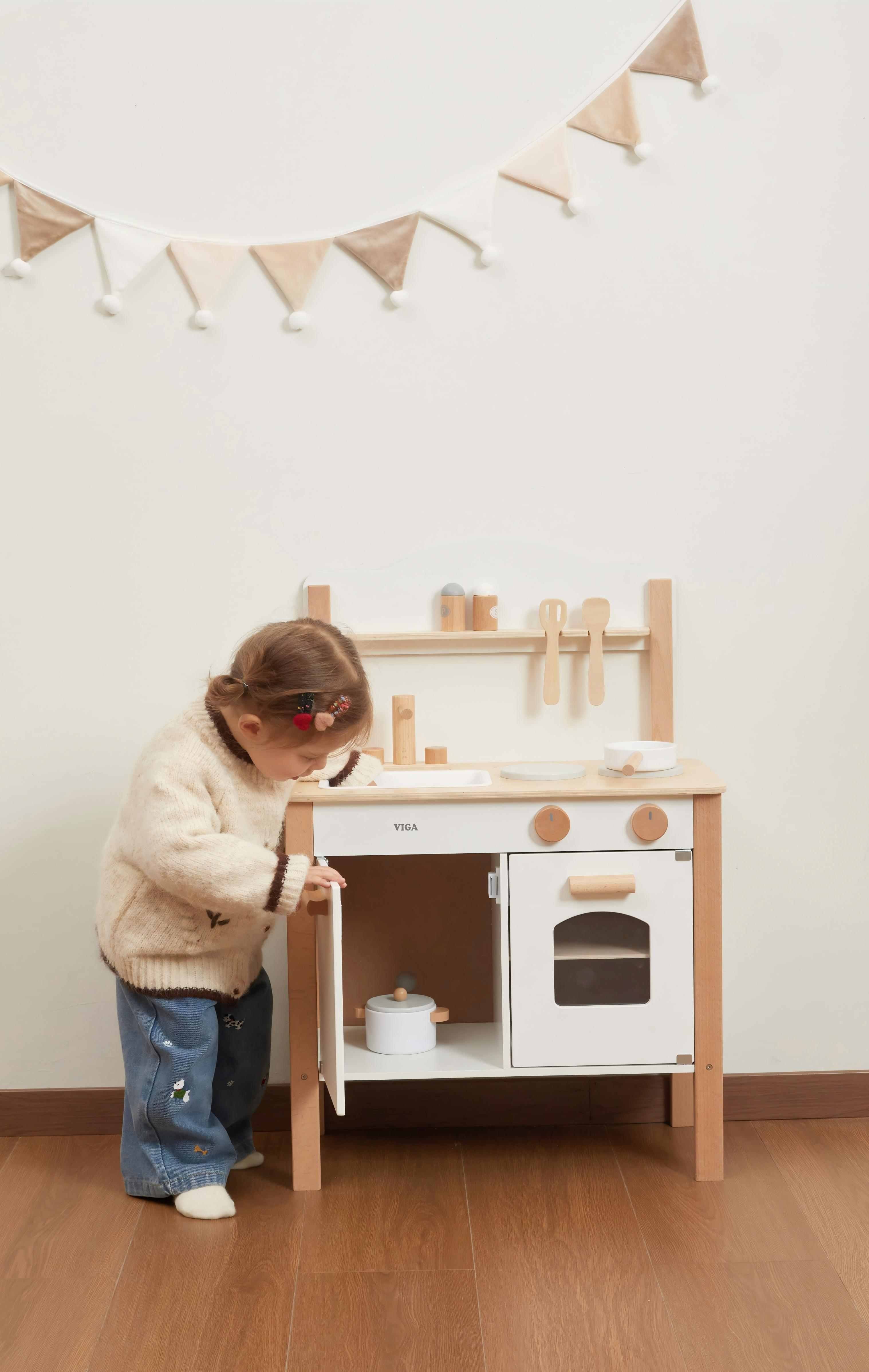 Viga Modern White Wooden Play Kitchen - Compact 8-Piece Montessori Activity Set