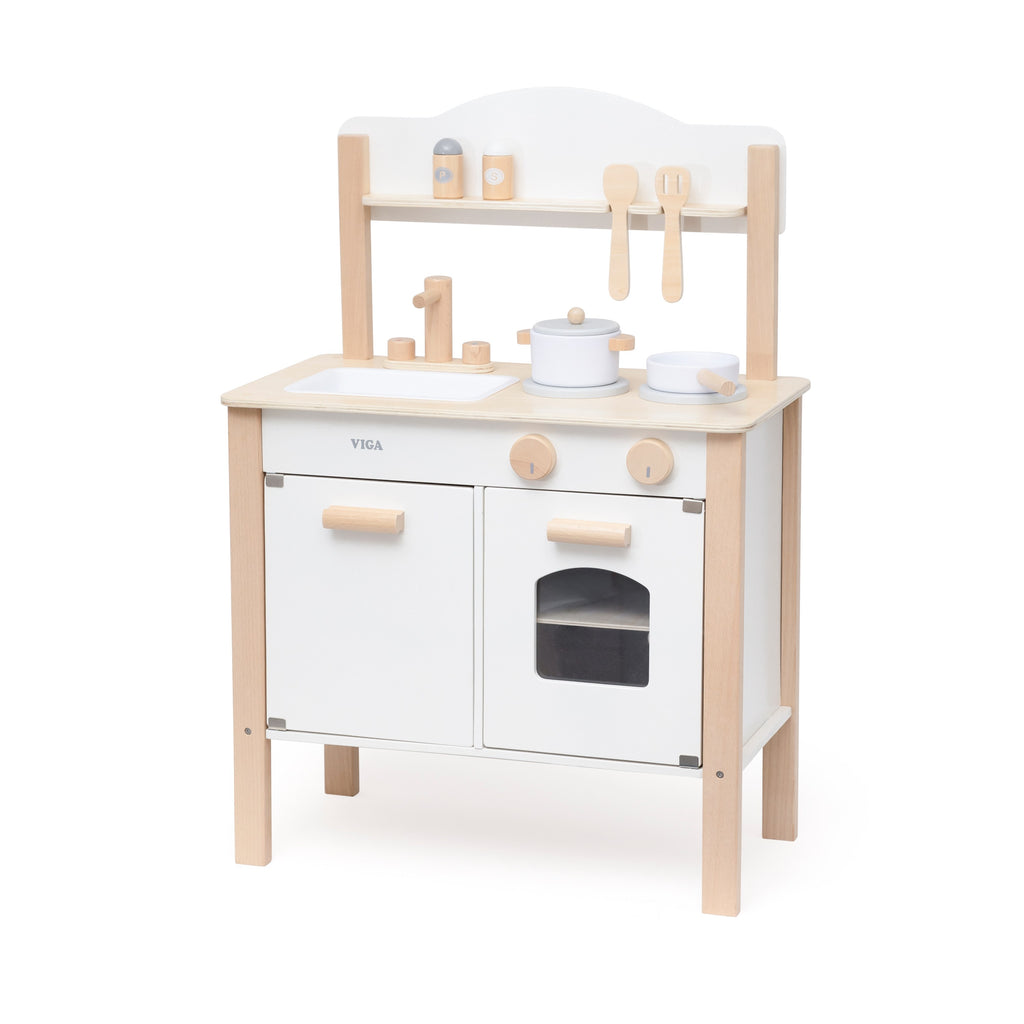 Viga Modern White Wooden Play Kitchen - Compact 8-Piece Montessori Activity Set