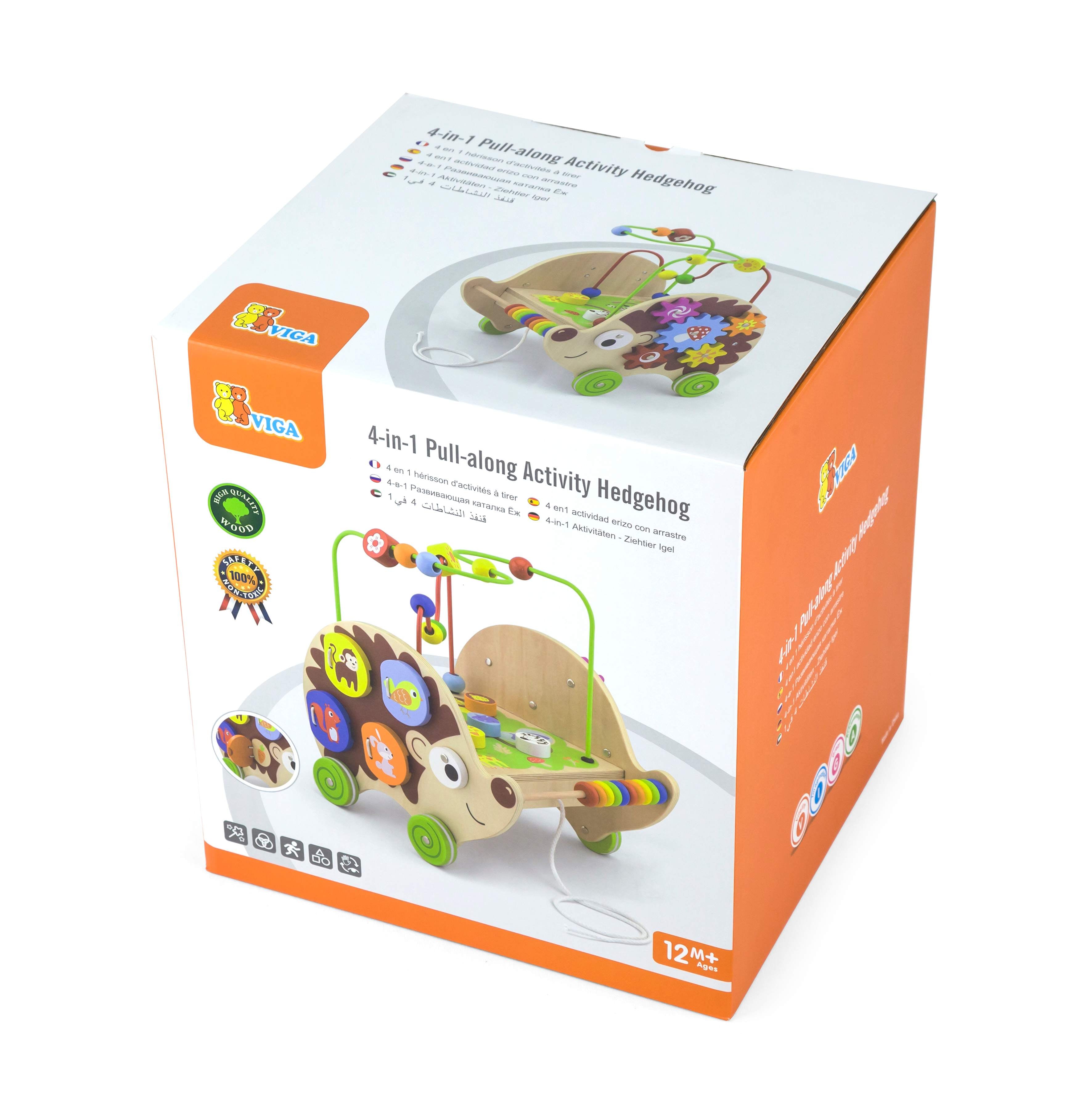 VIGA 4-in-1 Wooden Hedgehog Pull Toy & Activity Center for Toddlers