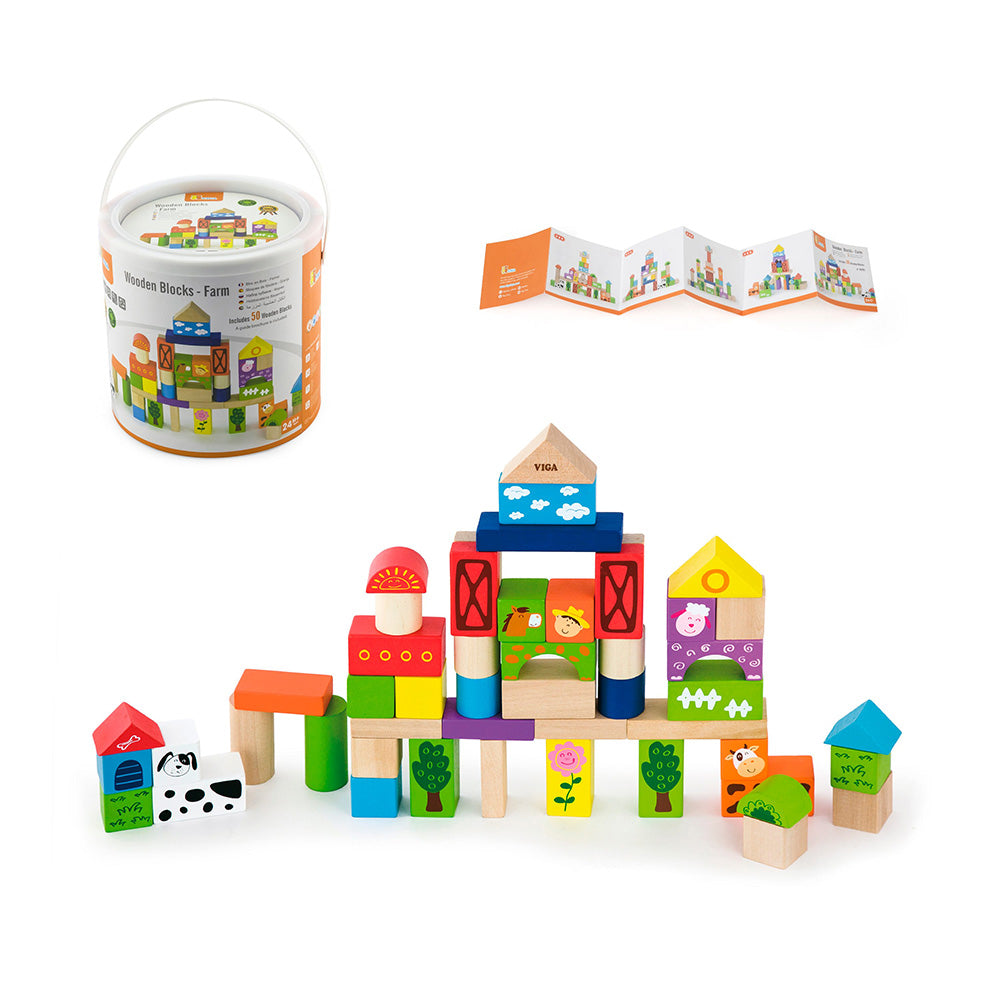 Viga 50-Piece Wooden Farm Building Blocks - Colorful Montessori Construction Set