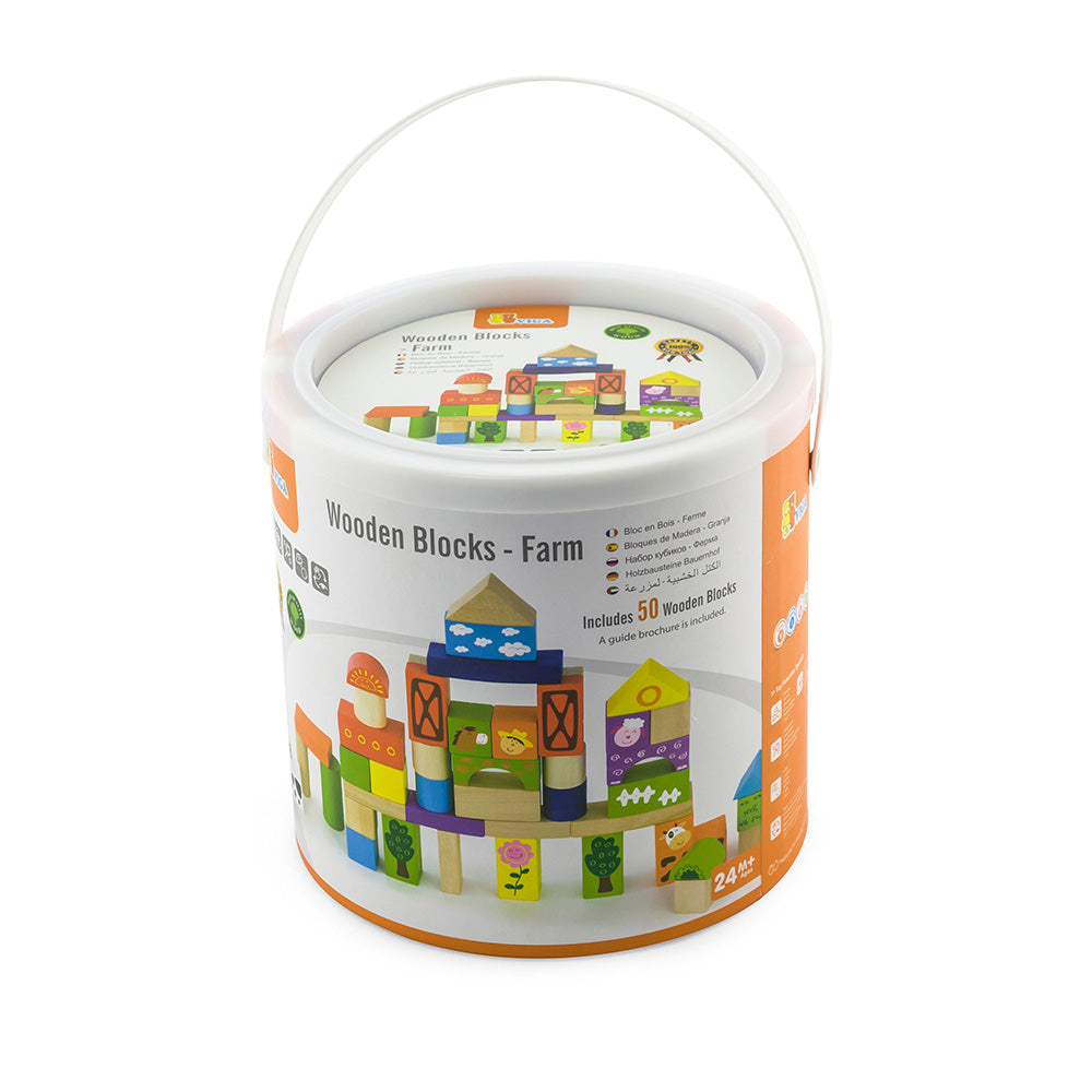 Viga 50-Piece Wooden Farm Building Blocks - Colorful Montessori Construction Set