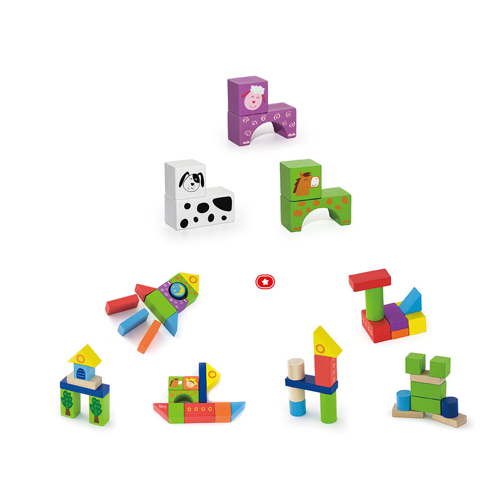 Viga 50-Piece Wooden Farm Building Blocks - Colorful Montessori Construction Set
