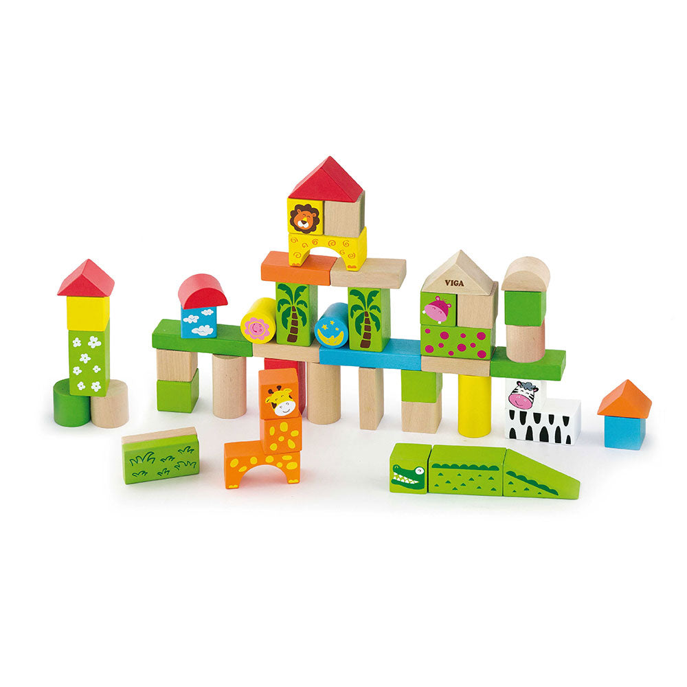 Viga 50-Piece Wooden Zoo Building Blocks - Colorful Montessori Safari Set