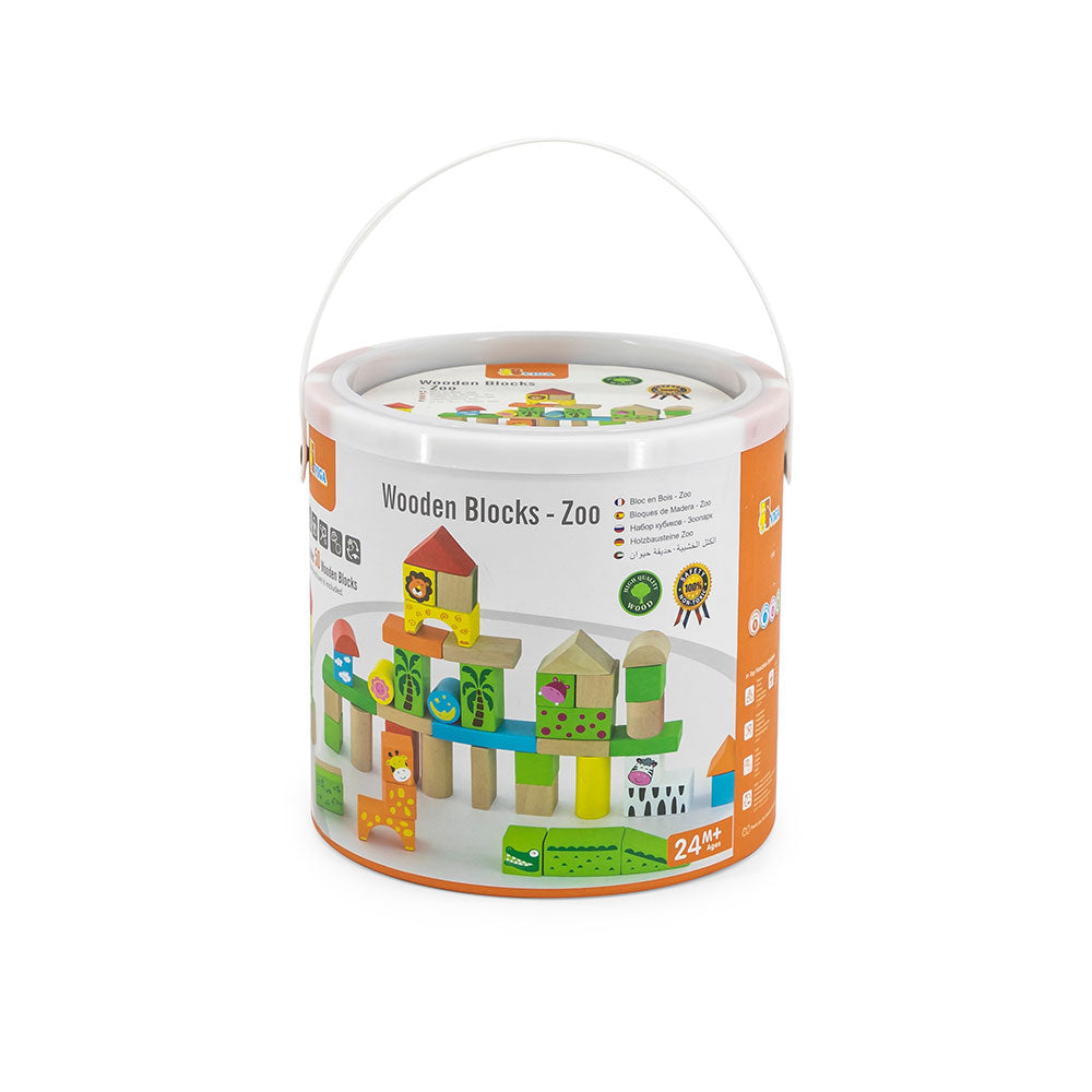 Viga 50-Piece Wooden Zoo Building Blocks - Colorful Montessori Safari Set