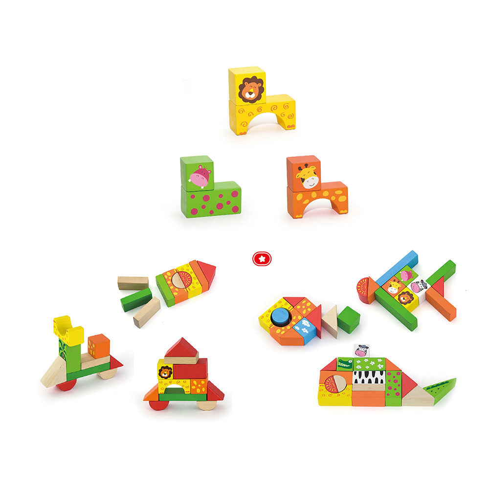 Viga 50-Piece Wooden Zoo Building Blocks - Colorful Montessori Safari Set