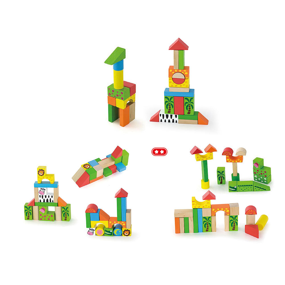 Viga 50-Piece Wooden Zoo Building Blocks - Colorful Montessori Safari Set