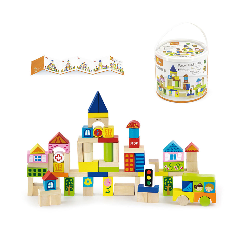 Viga 75-Piece Wooden City Building Blocks - Multi-Theme Montessori Construction Set