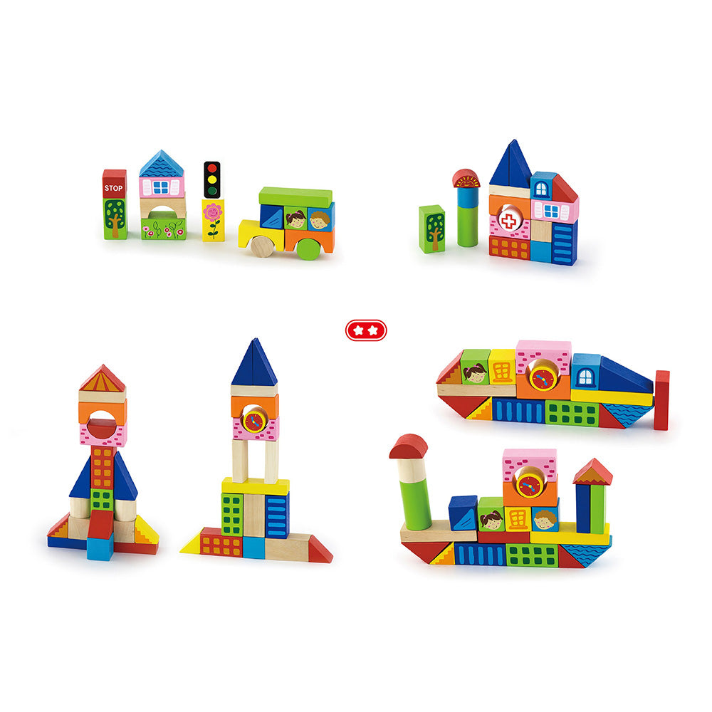 Viga 75-Piece Wooden City Building Blocks - Multi-Theme Montessori Construction Set
