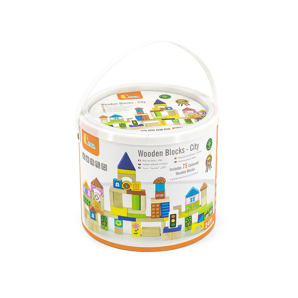 Viga 75-Piece Wooden City Building Blocks - Multi-Theme Montessori Construction Set