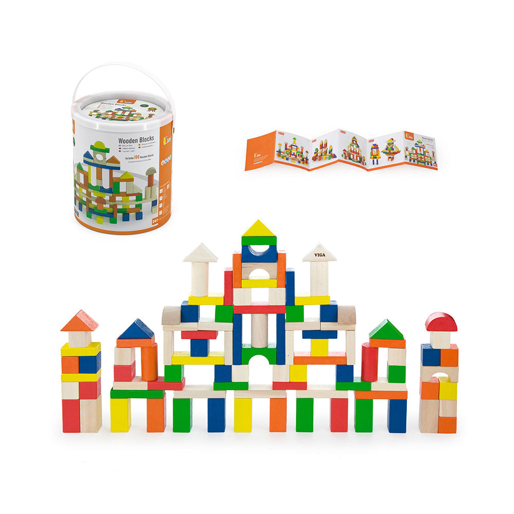 Viga 100-Piece Classic Colorful Wooden Blocks - Montessori Open-Ended Construction Set