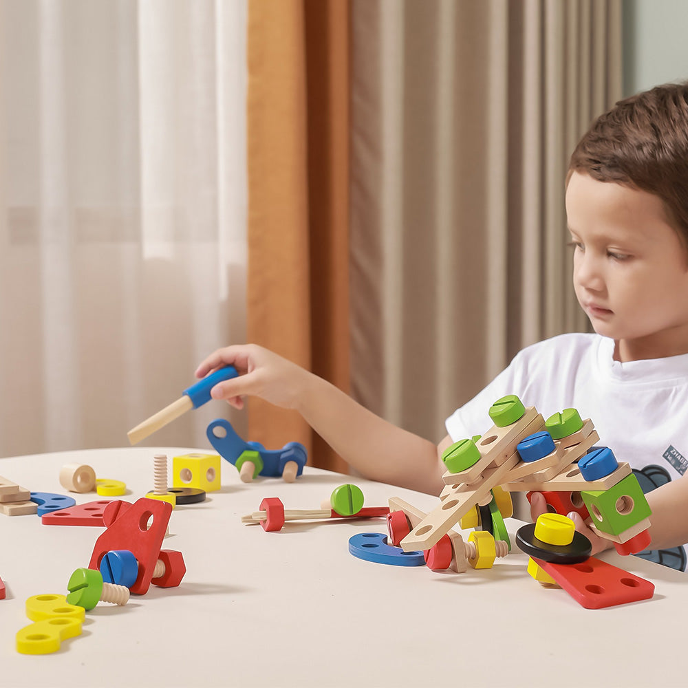 Viga 68-Piece Wooden Construction Set - Junior Mechanic STEM Toolbox with Wrench & Screwdriver