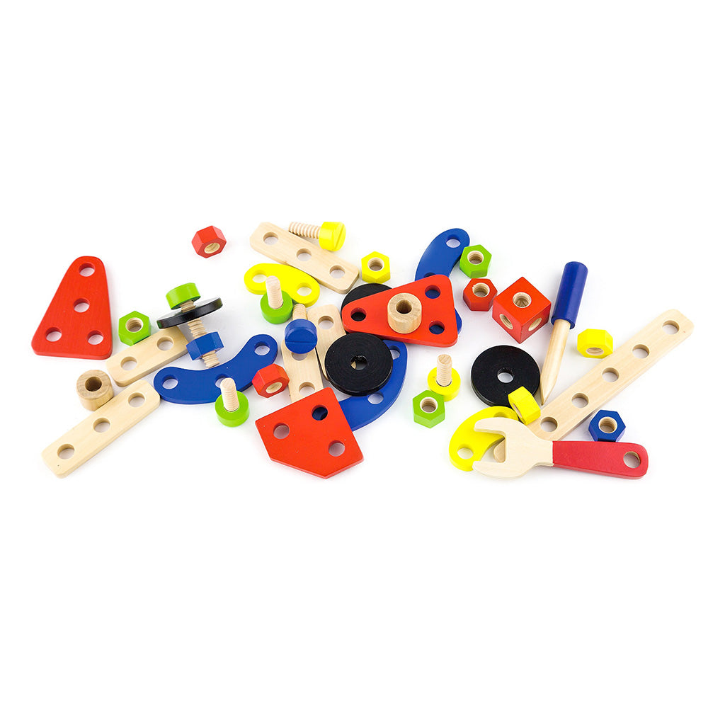 Viga 68-Piece Wooden Construction Set - Junior Mechanic STEM Toolbox with Wrench & Screwdriver