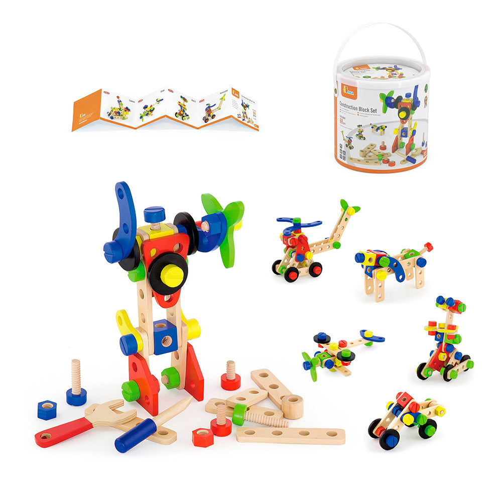 Viga 68-Piece Wooden Construction Set - Junior Mechanic STEM Toolbox with Wrench & Screwdriver