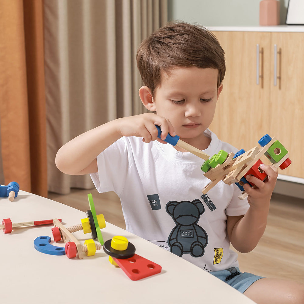 Viga 68-Piece Wooden Construction Set - Junior Mechanic STEM Toolbox with Wrench & Screwdriver