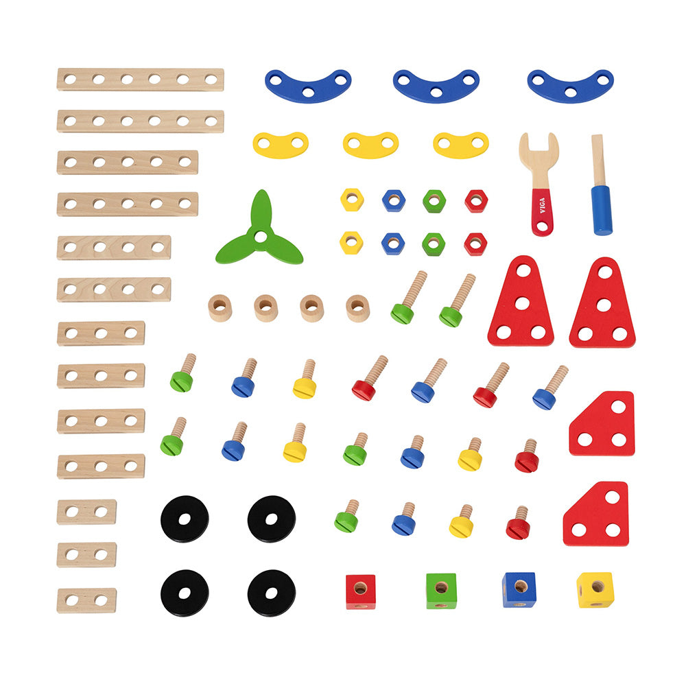 Viga 68-Piece Wooden Construction Set - Junior Mechanic STEM Toolbox with Wrench & Screwdriver
