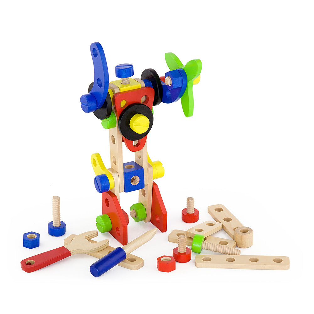 Viga 68-Piece Wooden Construction Set - Junior Mechanic STEM Toolbox with Wrench & Screwdriver