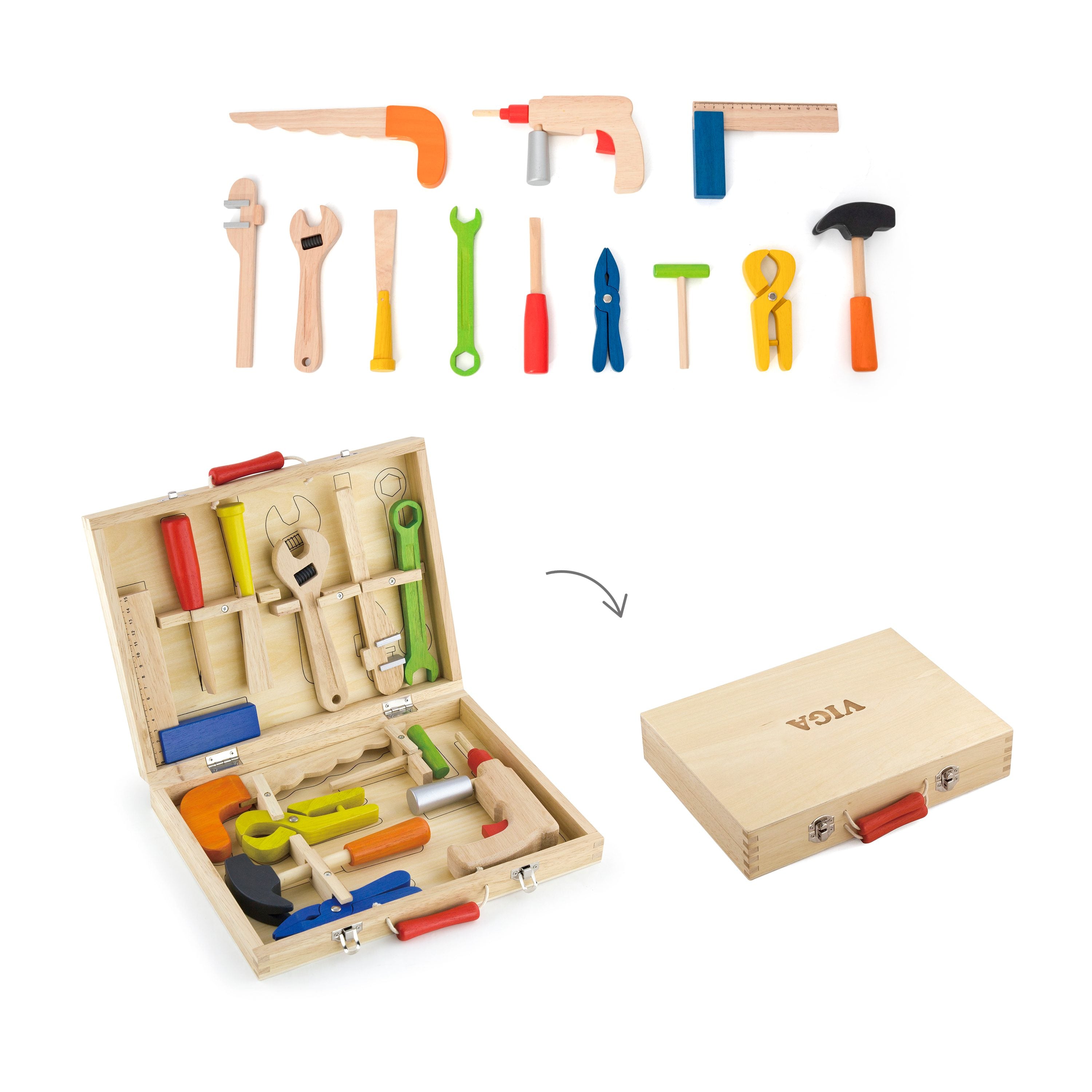 Viga 12-Piece Ultimate Handyman Wooden Tool Case - Deluxe STEM Engineering Play Set
