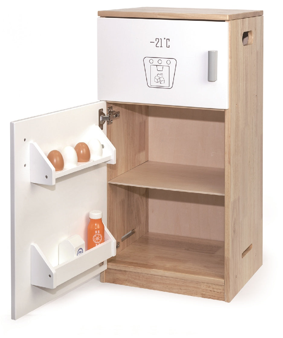 Viga Modern White Wooden Play Refrigerator - 79cm Rubberwood Double Door Fridge