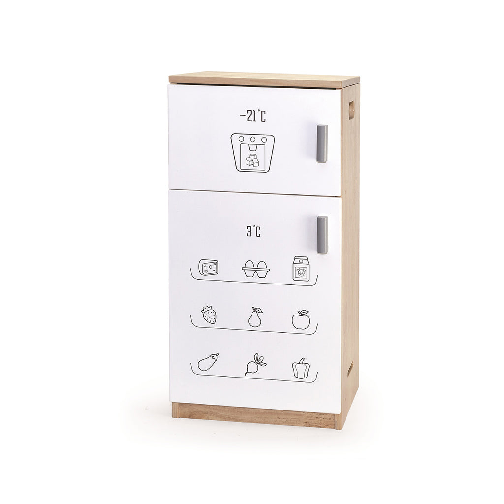 Viga Modern White Wooden Play Refrigerator - 79cm Rubberwood Double Door Fridge