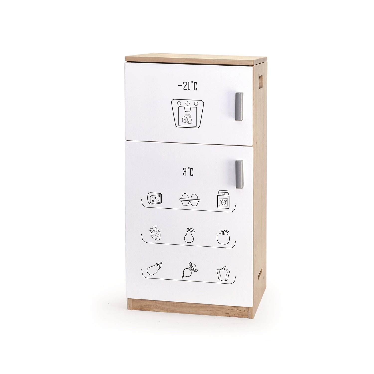 Viga Modern White Wooden Play Refrigerator - 79cm Rubberwood Double Door Fridge