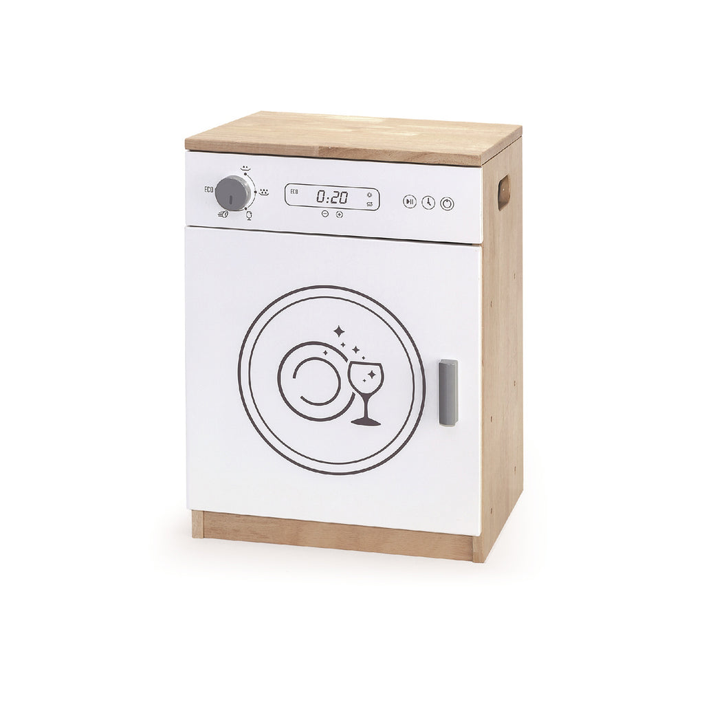 Viga Modern White Wooden Play Dishwasher - Rubberwood Unit with 2 Metal Racks