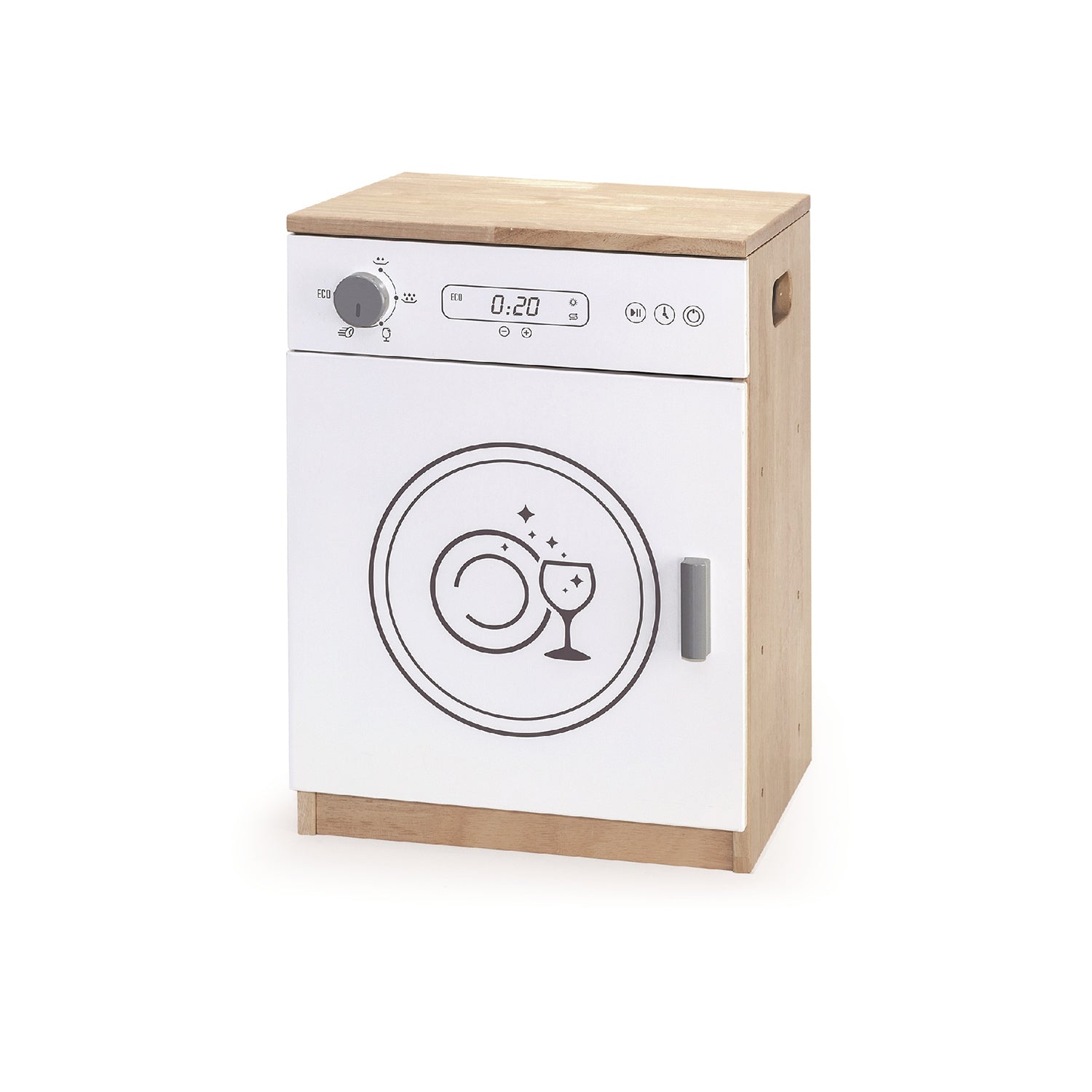 Viga Modern White Wooden Play Dishwasher - Rubberwood Unit with 2 Metal Racks