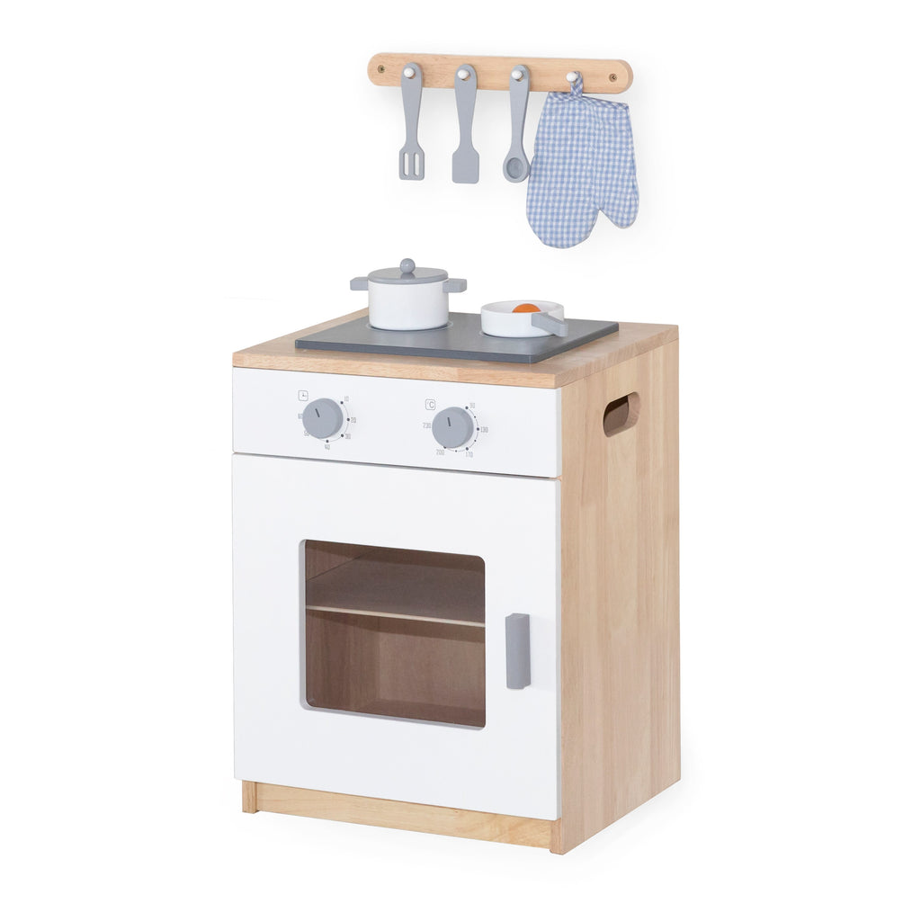 Viga Modern White Wooden Play Stove & Oven - 16mm Rubberwood Unit with Integrated Hooks
