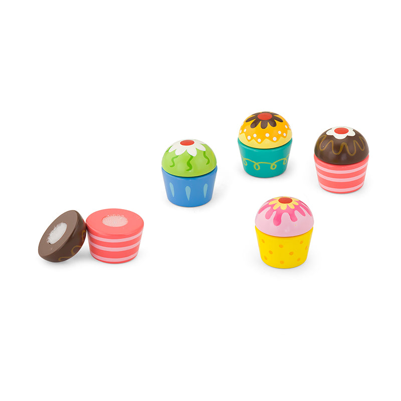 Viga 4-Piece Wooden Slicing Cupcakes Set - Montessori Velcro Dessert Toy