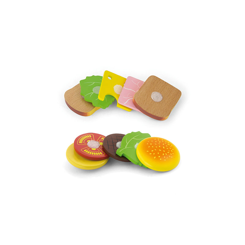Viga 11-Piece Wooden Hamburger & Sandwich Set - Montessori DIY Stacking Food Toy