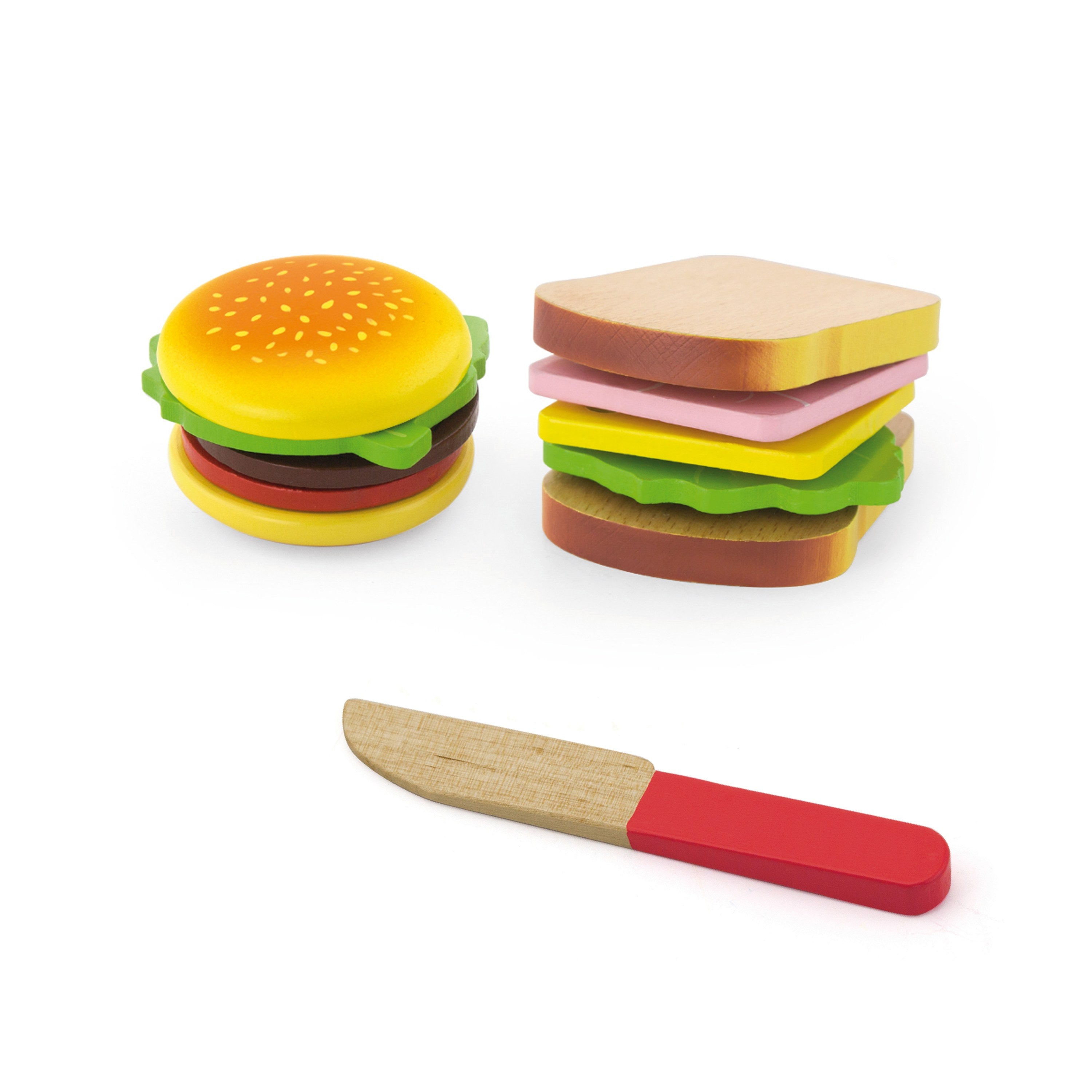 Viga 11-Piece Wooden Hamburger & Sandwich Set - Montessori DIY Stacking Food Toy