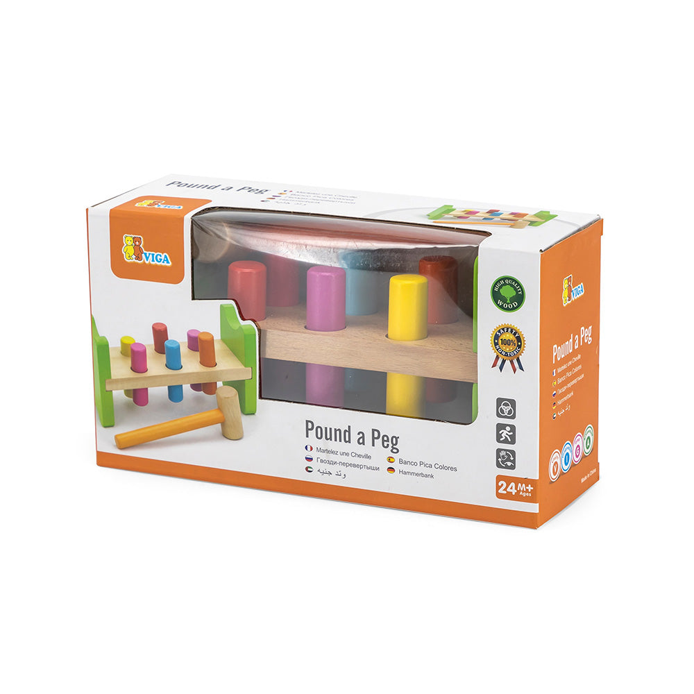 Viga Classic Wooden Pounding Bench - 8-Piece Color Sorting Hammer Toy with Friction Rings